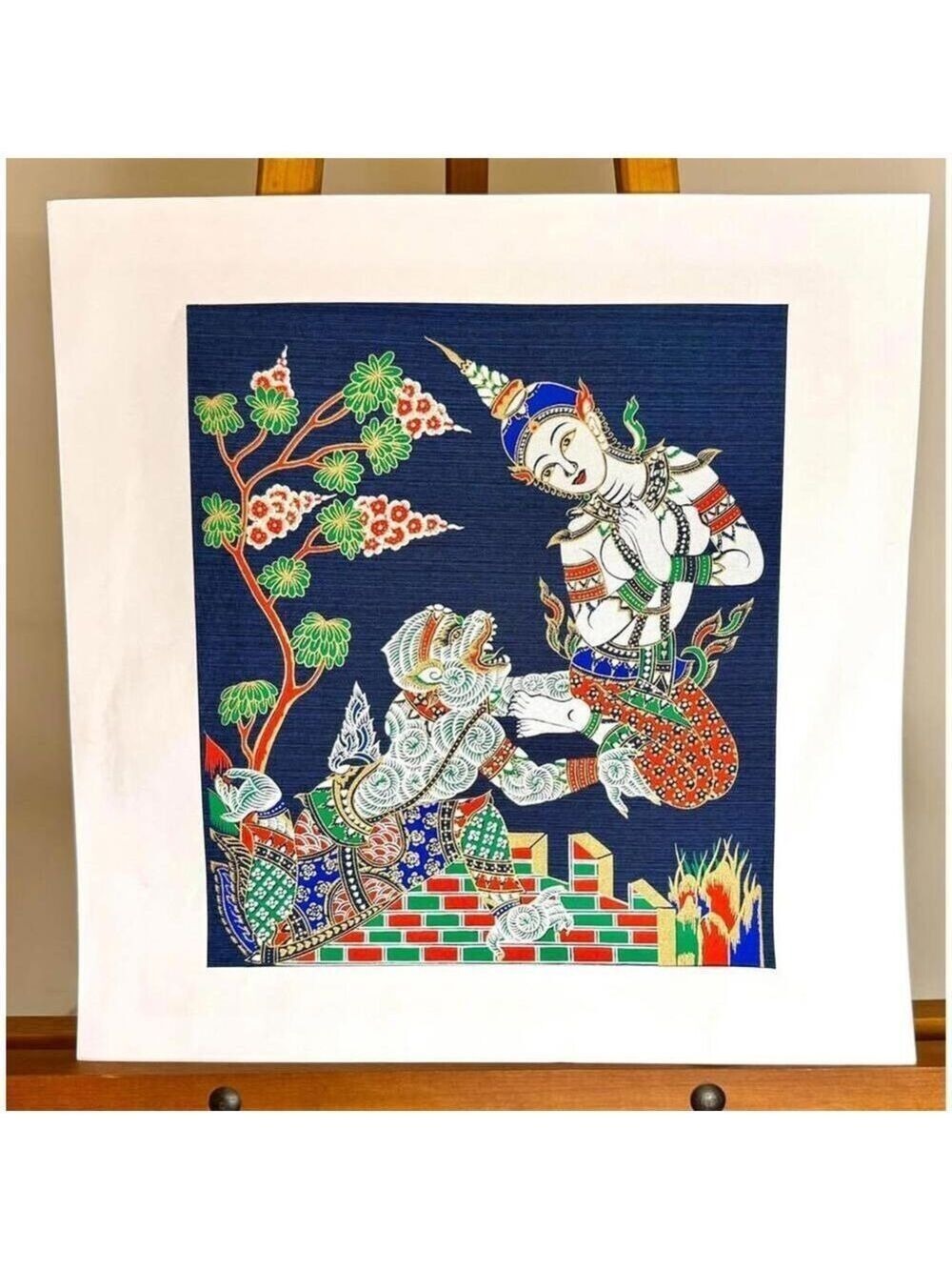 Vintage Hand-Painted Thai Textile Art Ramakien Hanuman Scene Wall Art